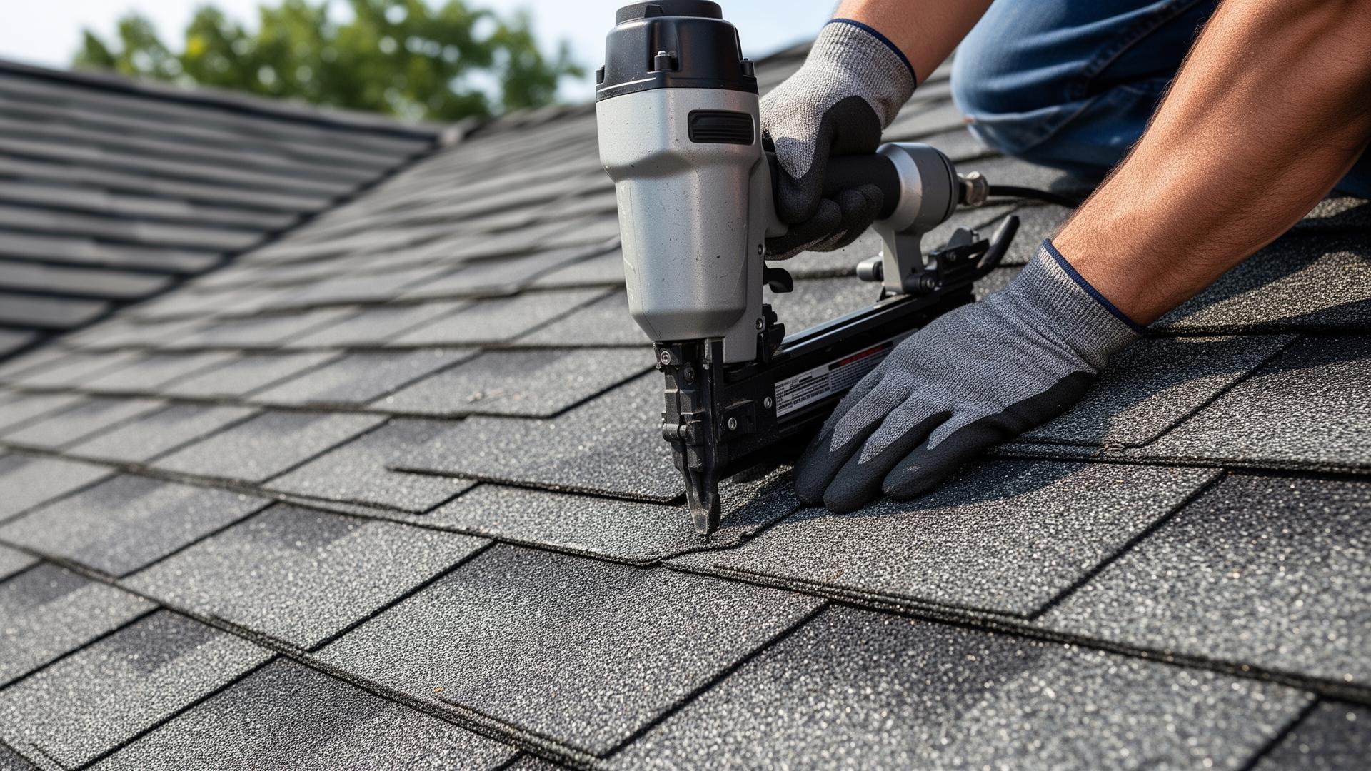 Roofer installing fresh asphalt shingles