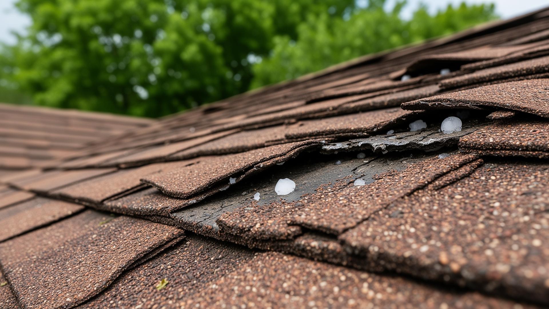 Hail-damaged asphalt shingles close-up